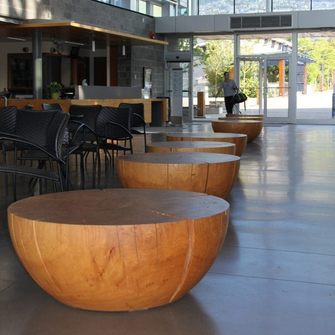Multiple Drum tables are displayed in the lobby of the west vancouver recreation centre.