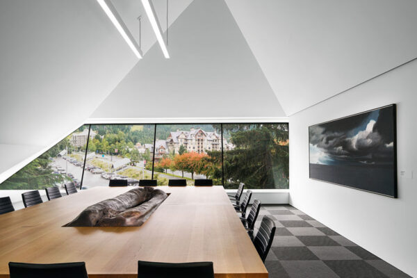 The conference room table at the Audain Art Museum in Whistler is pictured. The conference room windows look out to the town.