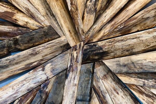 Detail of centre of the radial wallpiece made of weathered split balsam